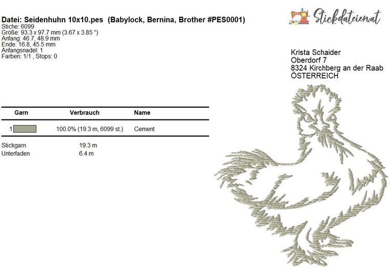 Seidenhuhn Stickdatei, Bauernhoftiere Stickdatei, Stickvorlage Landleben