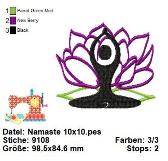 Stickdatei Namaste, Yoga Stickvorlage, Lotusblüte Stickdatei in 3 Größen