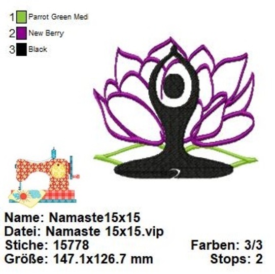 Stickdatei Namaste, Yoga Stickvorlage, Lotusblüte Stickdatei in 3 Größen