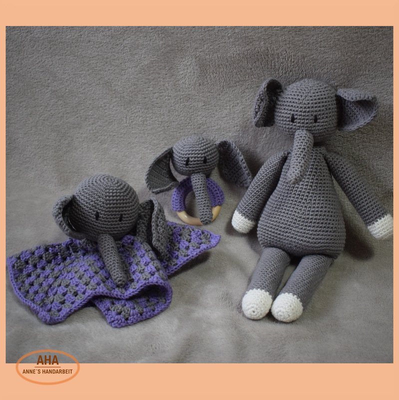 Handgehäkeltes Elefanten-Set: Schmusetuch, Greifring und Kuscheltier in Grau und Lila