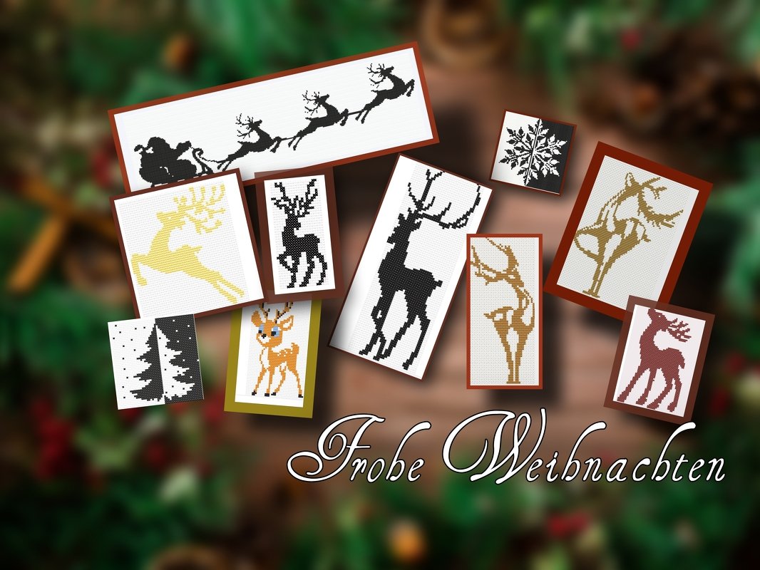 Weihnachtsmotiv-Kreuzstich. Weihnachtshirsch, Weihnachtsbaum, Schneeflocken