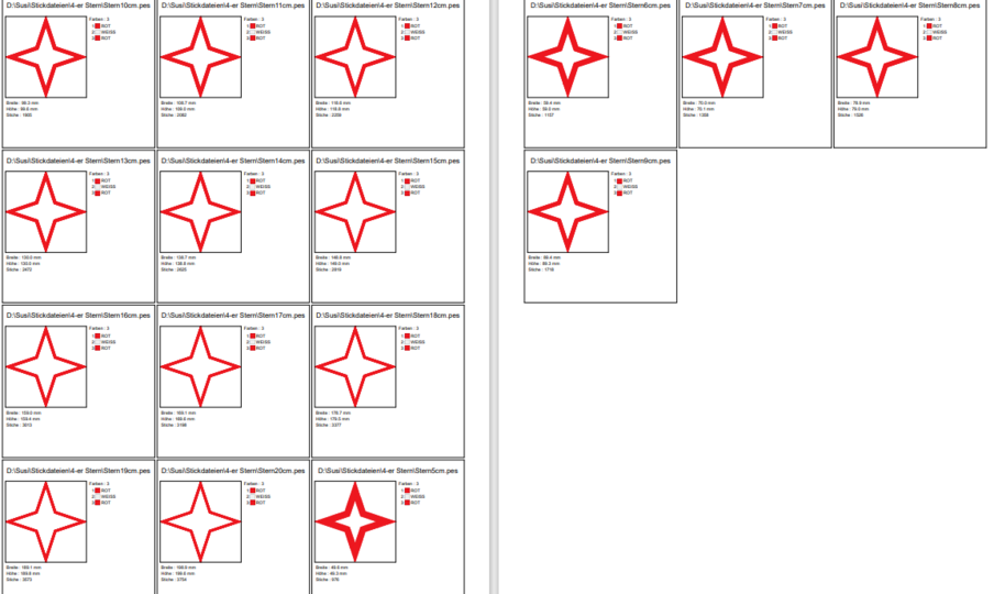 Stickdatei - Stern mit 4 Ecken für Stoffapplis in 16 Größen Rahmen
