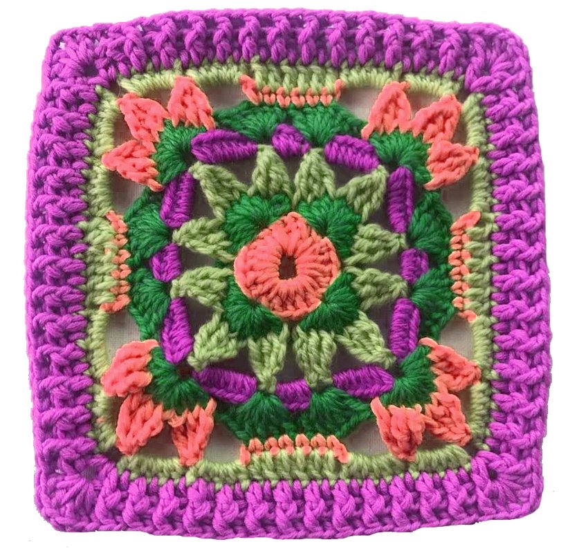 Quadratisches, farbenfrohes Granny Square mit pinkem Rand und grünem blütenähnlichem Zentrum