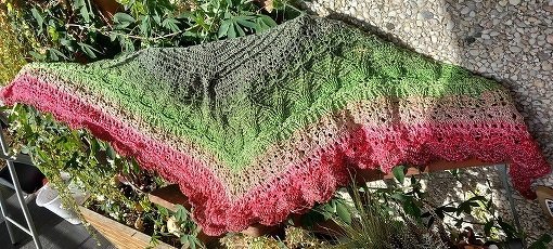 Gehäkeltes Dreieckstuch mit Farbverlauf von Grün zu Rosa, auf Terrasse neben Pflanzen ausgebreitet