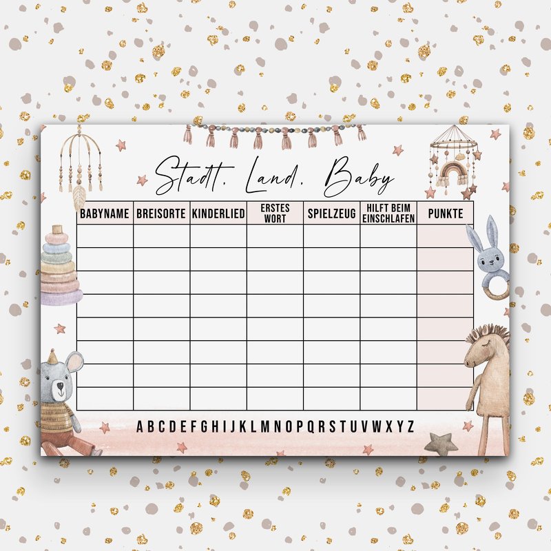 Druckbare Spielkarte „Stadt. Land. Baby“ mit Raster, Kategorien, Punkte-Spalte und Pastell-Tierillustrationen