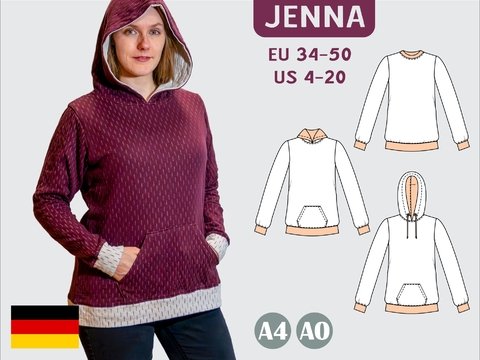 Jenna – Damen Hoodie/Pullover mit Kapuze, Kragen & Tasche (BU 80-116) A4+A0