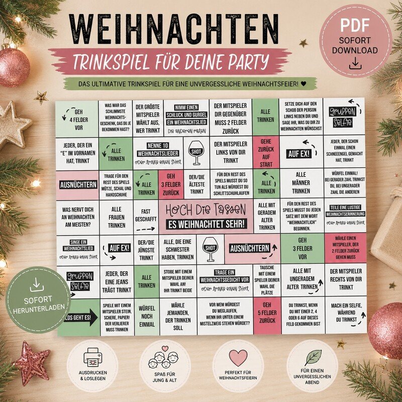 Trinkspiel WEIHNACHTEN Brettspiel zum Ausdrucken DOWNLOAD - Bild 2