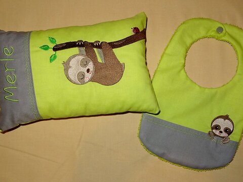 Stickdatei - Faultier Kissen und Lätzchen SET ITH