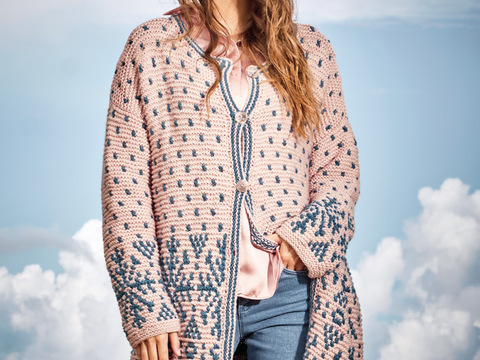 Lange Jacke mit Norwegermuster in Rosa und Petrol