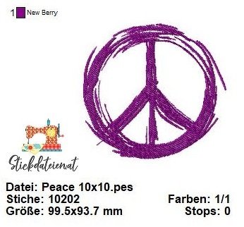 Stickdatei Peace, digitales Stickmuster Frieden, Peace Stickvorlage 10x10 - Bild 3