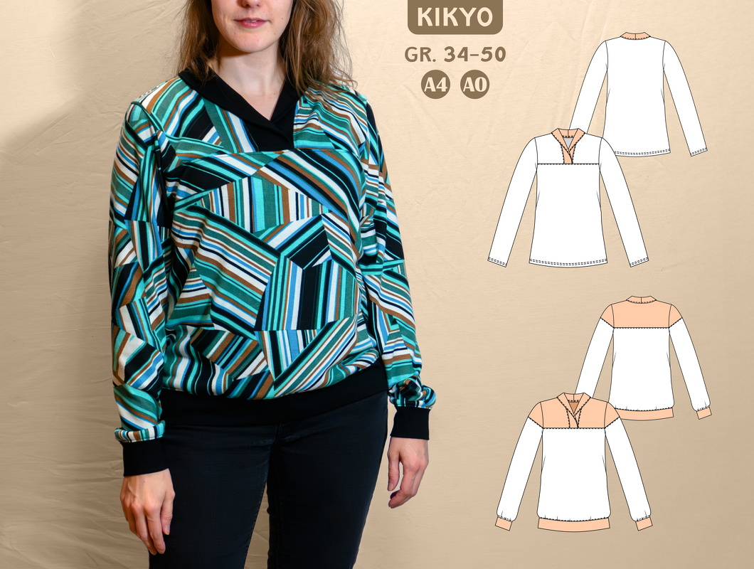 Kikyo – Damen Pullover mit Wickelkragen und Teilung (BU 80-116, A4+A0)