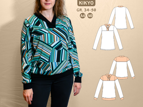 Kikyo – Damen Pullover mit Wickelkragen und Teilung (BU 80-116, A4+A0)