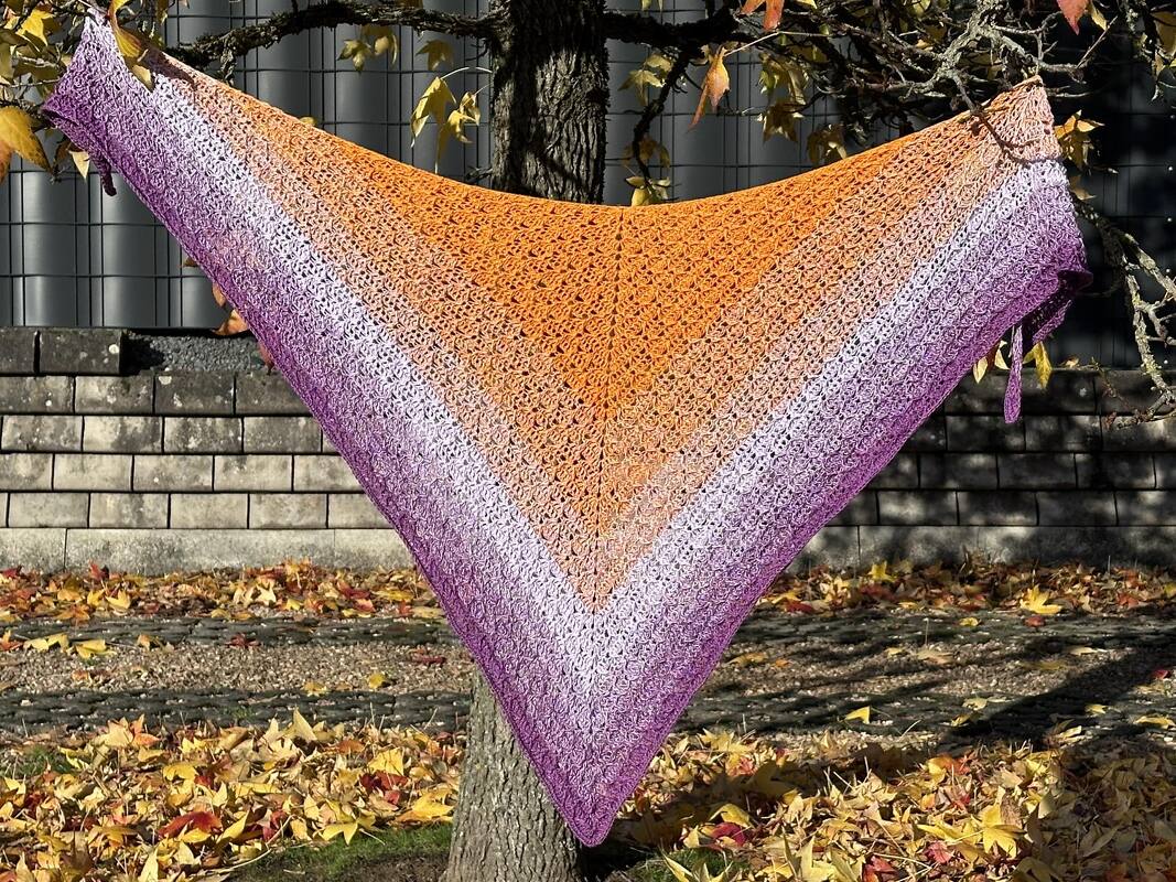 Dreieckiges gehäkeltes Tuch mit Farbverlauf von Orange zu Violett an einem Baum hängend, Herbstlaub im Hintergrund.