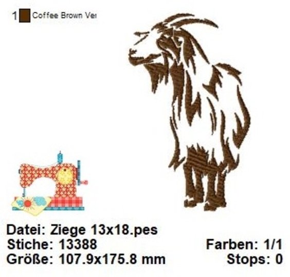 Stickdatei Ziege, digitales Stickmuster Tiere, Ziege Stickvorlage 13x18