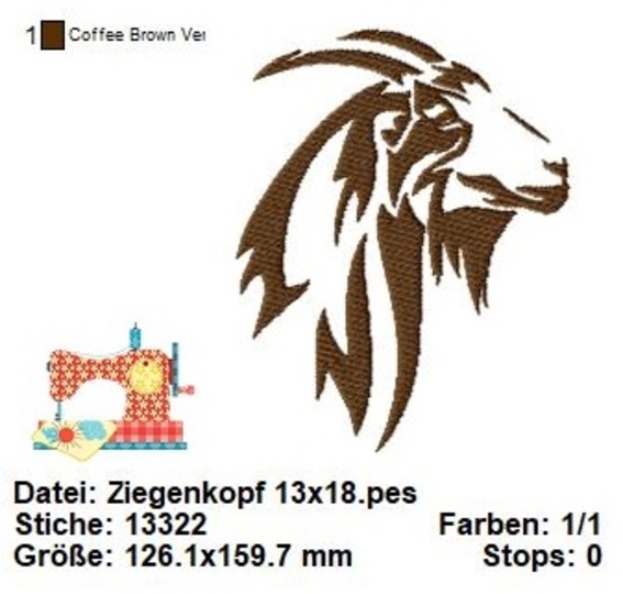 Stickdatei Ziegenkopf, digitales Stickmuster, Ziege Stickvorlage 10x10