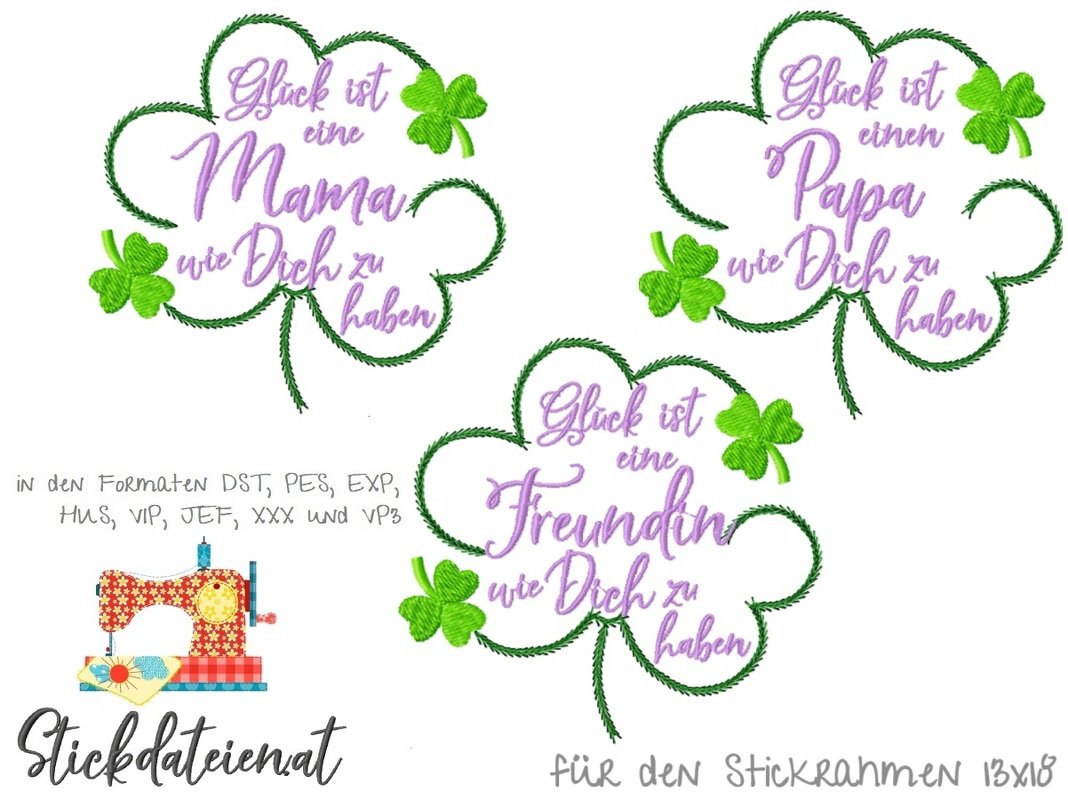 Stickdatei Kleeblatt Set, digitale Stickmuster Glücksbringer, Kleeblatt Set