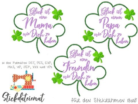 Stickdatei Kleeblatt Set, digitale Stickmuster Glücksbringer, Kleeblatt Set