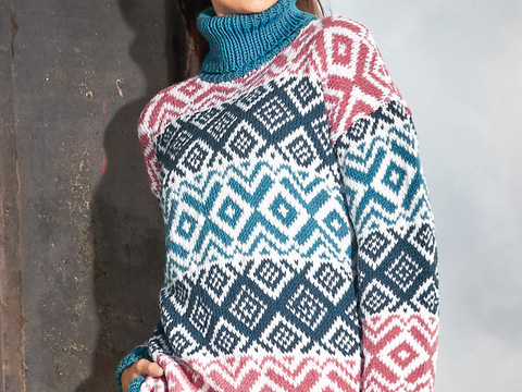 Longpulli mit Jacquardmuster in Weiß, Türkis, Petrol und Erika