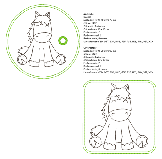 Stickdatei, Pferdestickdatei, Tiermotiv, Pferdemotiv, Getränkeuntersetzer
