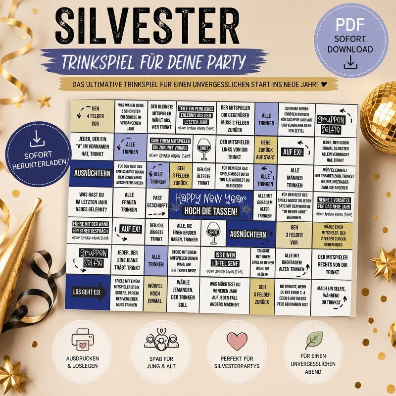 Trinkspiel SILVESTER Brettspiel zum Ausdrucken DOWNLOAD Spiel Silvester Neu - Bild 2