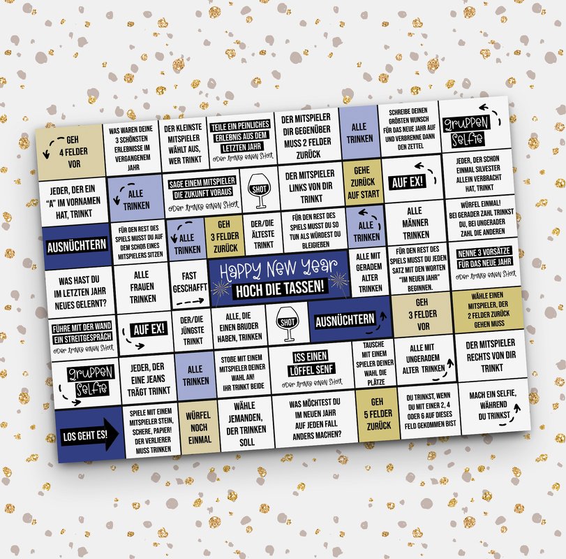 Quadratisches Silvester-Spielbrett mit bunten Feldern und deutschen Trinkaufgaben, mittig Schriftzug ‚Happy New Year – Hoch die Tassen!‘