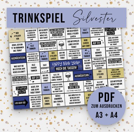Trinkspiel SILVESTER Brettspiel zum Ausdrucken DOWNLOAD Spiel Silvester Neu