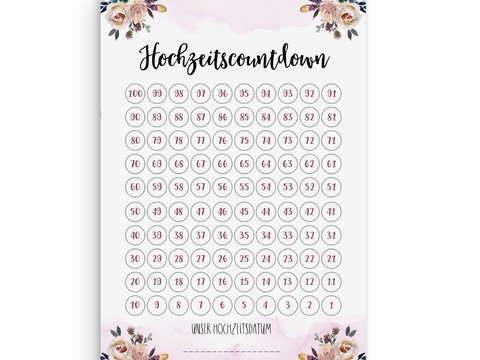 Hochzeitscountdown DIN A4 + DIN A3 Countdown Hochzeit Vorlage