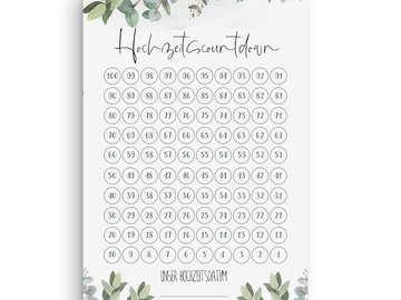 Hochzeitscountdown Eucalyptus DIN A4 + DIN A3 Countdown Hochzeit Vorlage