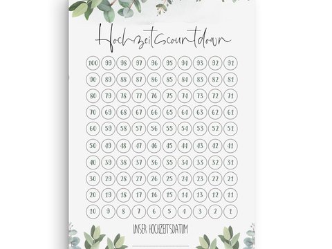 Hochzeitscountdown Eucalyptus DIN A4 + DIN A3 Countdown Hochzeit Vorlage