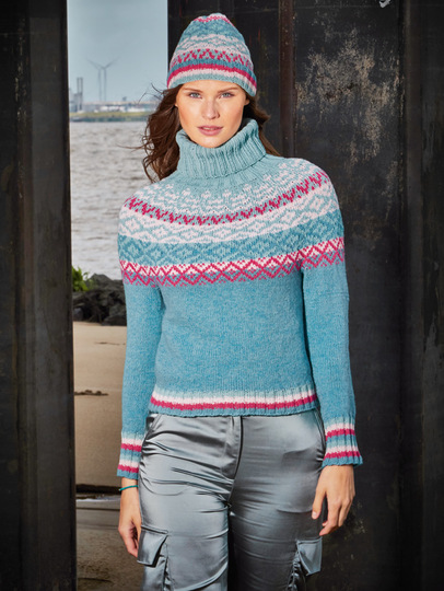 Rollkragenpulli mit Norwegerpasse und Mütze in Türkis, Rosa und Pink