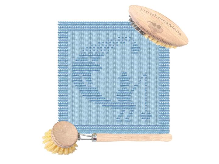 Strickmotiv Deckchen Spültuch „ Mann im Mond “ Angler angelt süße Träume