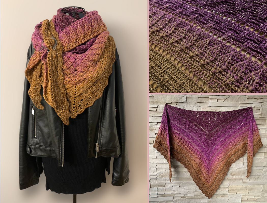 Purple-to-gold ombre crocheted triangle shawl draped over a dark jacket with a close-up showing stitch texture and openwork.