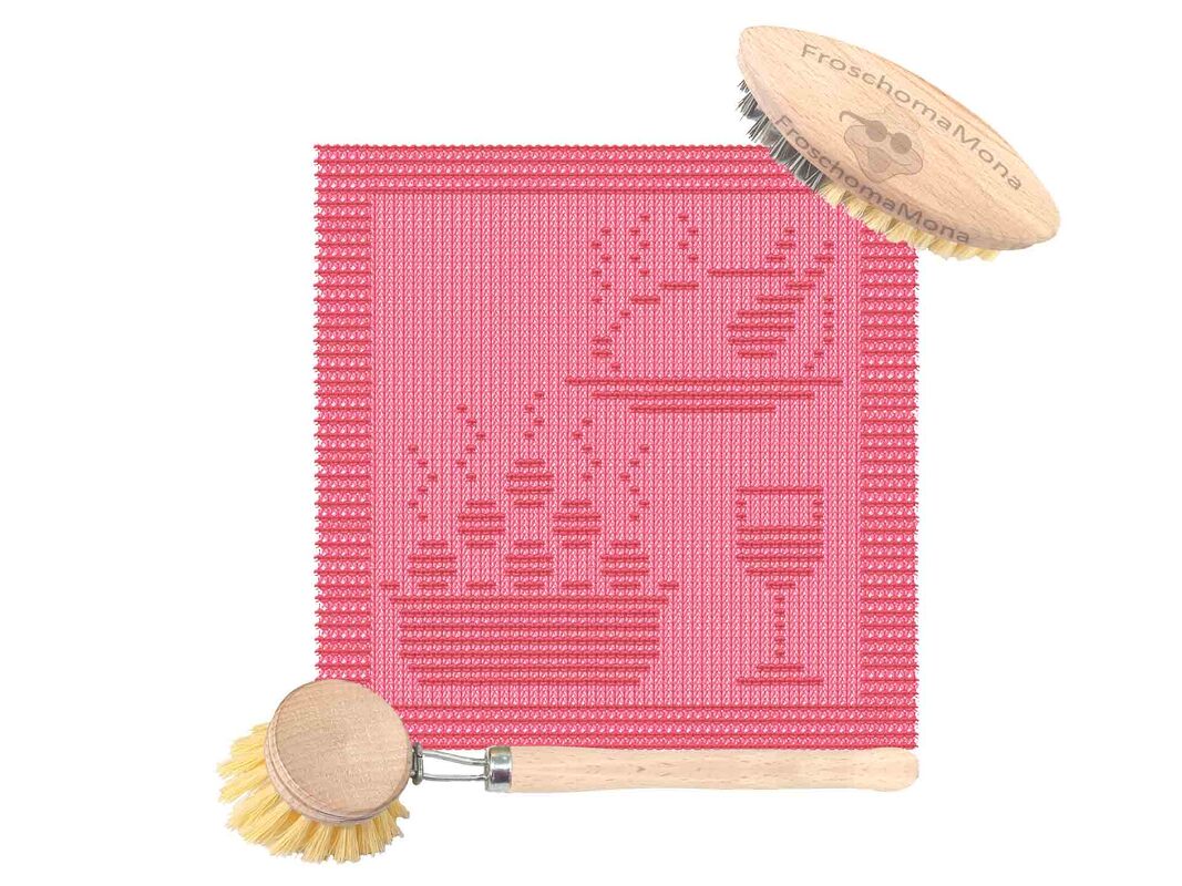 Rosa gestricktes Küchentuch mit eingestricktem Kerzen- und Weinglas-Motiv, zwei Holzspülbürsten