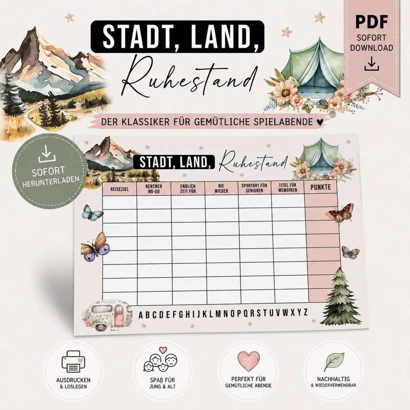 STADT, LAND, RUHESTAND Vorlage Stadt, Land, Fluss Spiel Ruhestand Geschenk - Bild 2