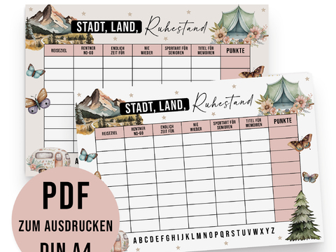 STADT, LAND, RUHESTAND Vorlage Stadt, Land, Fluss Spiel Ruhestand Geschenk