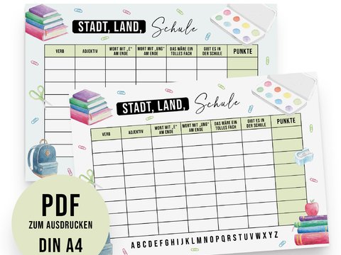 STADT, LAND, SCHULE Vorlage Stadt, Land, Fluss Spiel Schulanfang Geschenk