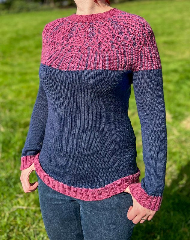 Eine Person trägt einen dunkelblauen Strickpullover mit rosa Rundpasse, feinem Lochmuster und gerippten Abschlüssen.