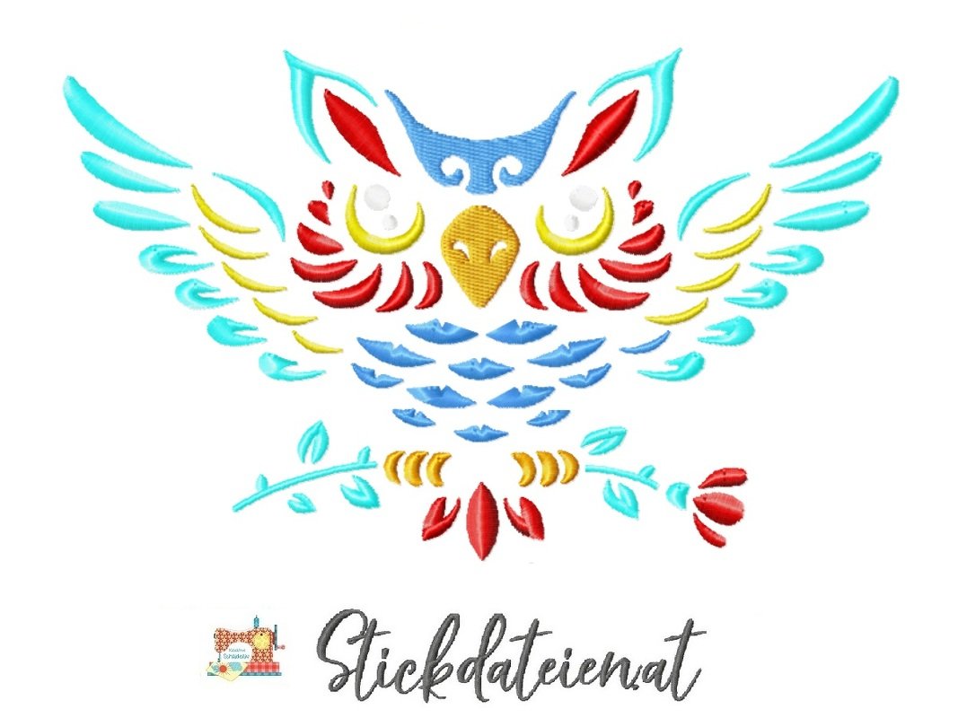 Stickdatei Eule, digitale Stickdatei Waldtiere, Bunte Eule Stickprojekt