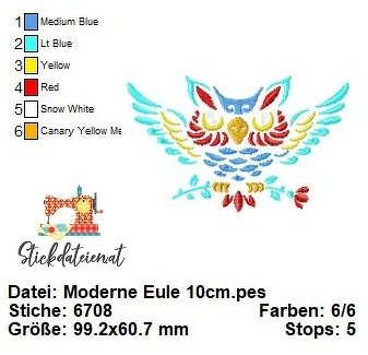 Stickdatei Eule, digitale Stickdatei Waldtiere, Bunte Eule Stickprojekt - Bild 3