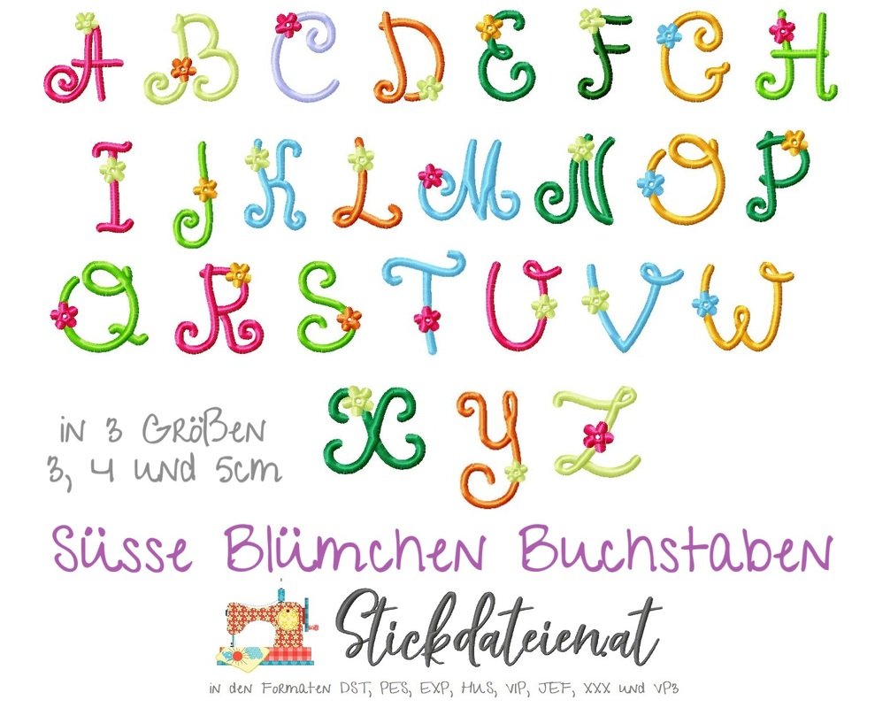 Stickdatei Bunte Buchstaben, Alphabet Stickmuster, Maschinensticken