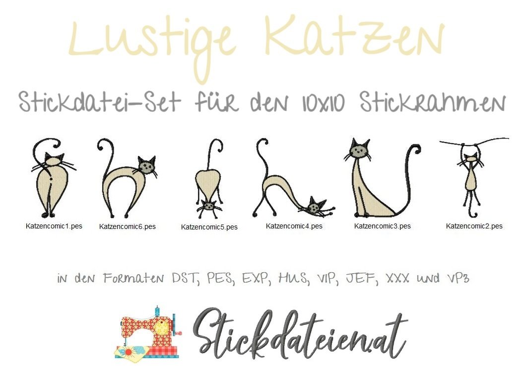Katzen Stickdatei, Niedliche Katzen Stickmuster, Maschinensticken