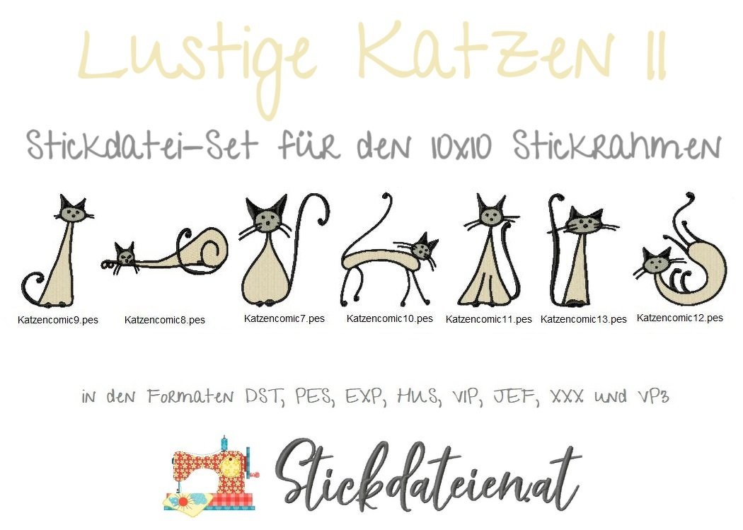 Katzen Stickdatei, Niedliche Katzen Stickmuster, Maschinensticken