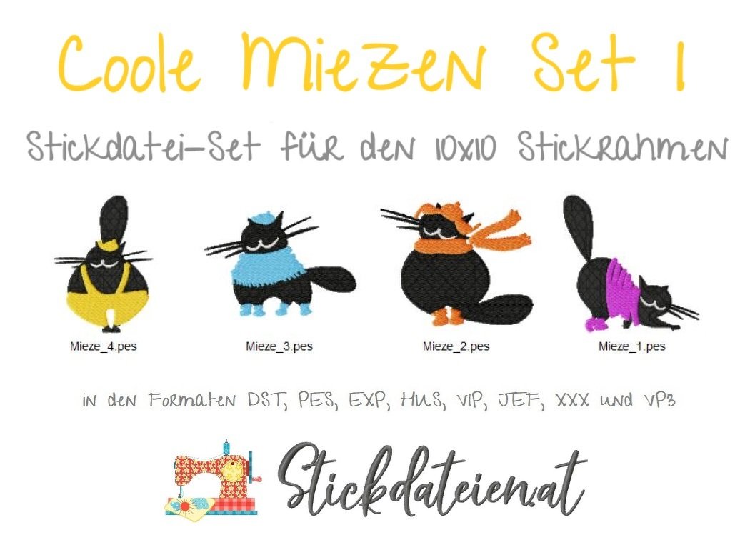 Katzen Stickdatei, Coole Katzen Stickmuster, Maschinensticken, Download