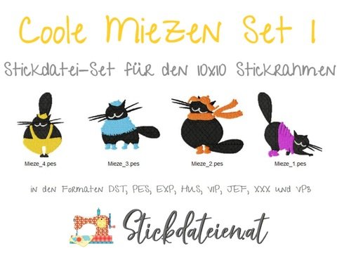Katzen Stickdatei, Coole Katzen Stickmuster, Maschinensticken, Download