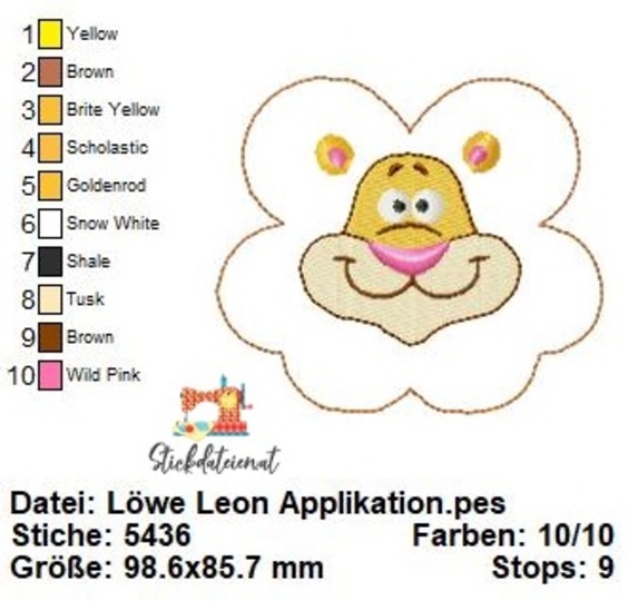 Süße Löwenkopf Stickdatei, Niedliche Löwen-Applikation, Stickdatei 10x10