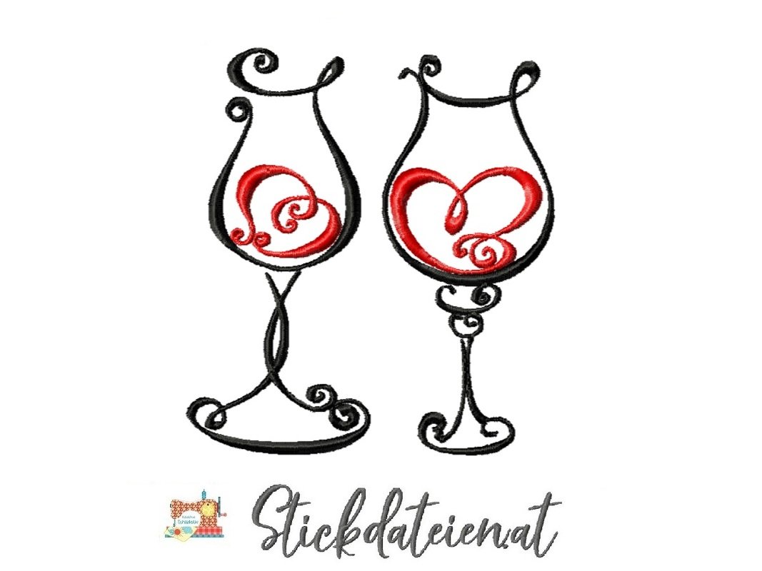 Weingläser Stickdatei, Herz Stickmuster 10x10, Liebespaar Stickerei