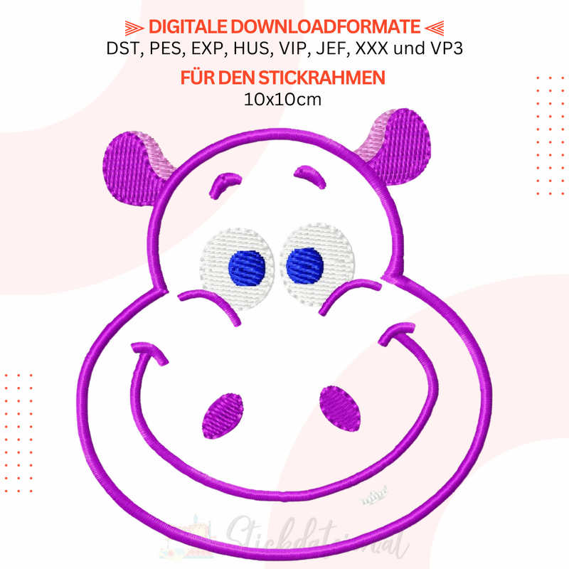 Nilpferd Stickdatei, Hippo digitales Stickmotiv, Tier Stickmuster