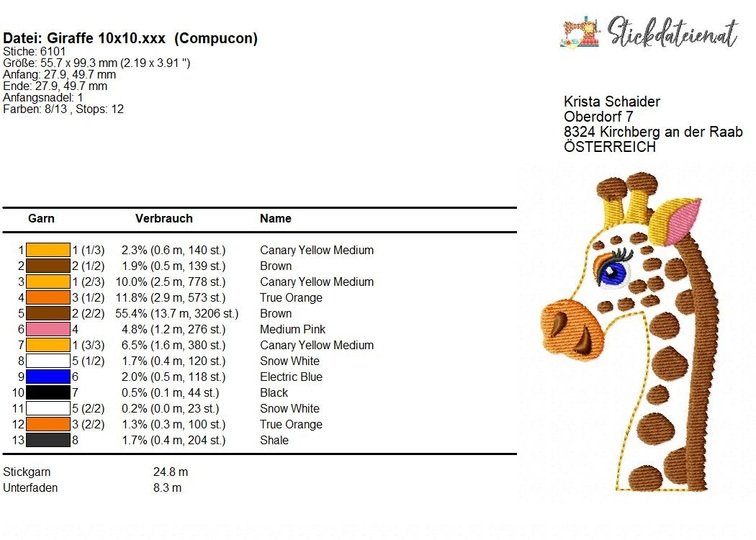 Giraffe Stickdatei, Tier Stickmuster, Safari Stickvorlage, Maschinensticken