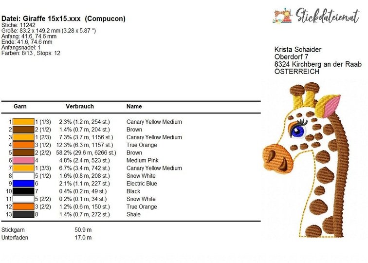 Giraffe Stickdatei, Tier Stickmuster, Safari Stickvorlage, Maschinensticken