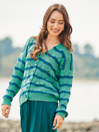 Jacke mit V-Ausschnitt im Wellenmuster in Mint und Petrol